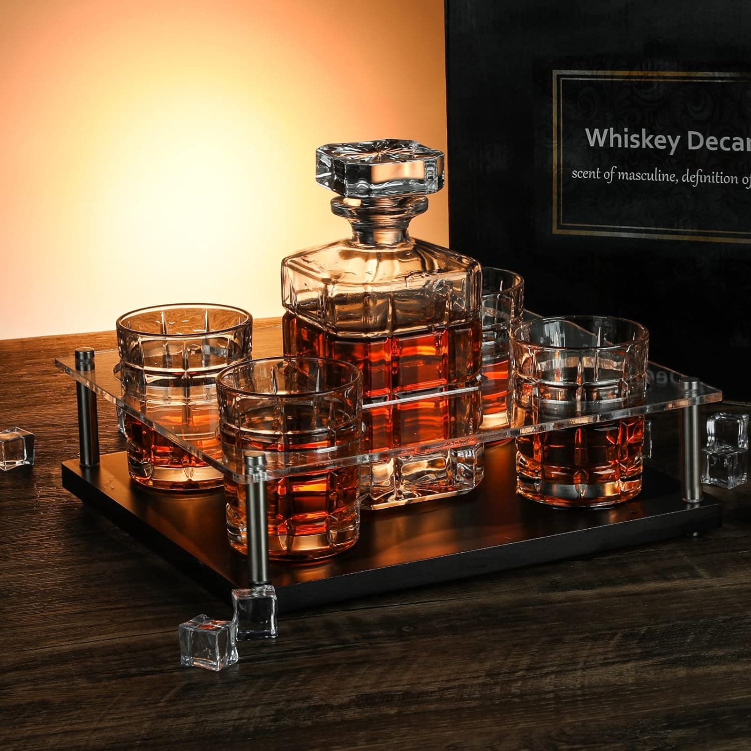 Whiskey Decanter Set with 4 Glasses & Wooden Base 750ml